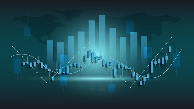 Le statistiche sulle attività finanziarie con grafico a barre e grafico a candele mostrano uno sfondo di guadagni efficaci