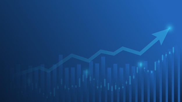 Le statistiche sulle attività finanziarie con grafico a barre e grafico a candele mostrano uno sfondo di guadagni efficaci