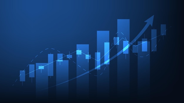 바 그래프와 차트와 함께 금융 비즈니스 통계는 파란색 배경에 주식 시장 가격을 보여줍니다.