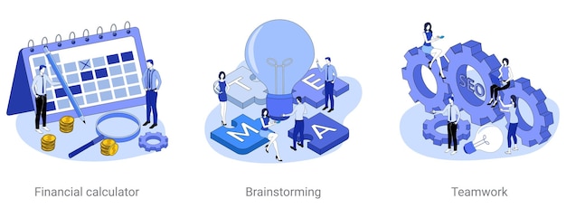 벡터 재무 계산 브레인스토밍 팀워크 비즈니스 테마에 대한 벡터 일러스트레이션 세트