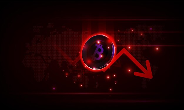 Financial chart with moving down arrow graph bitcoin cryptocurrency technology and world map