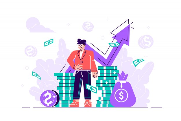 Vector financial consultant leaning on a stack of coins smiles friendly and waves with hand. successful investor or entrepreneur. financial consulting, investment and savings. flat modern  illustration