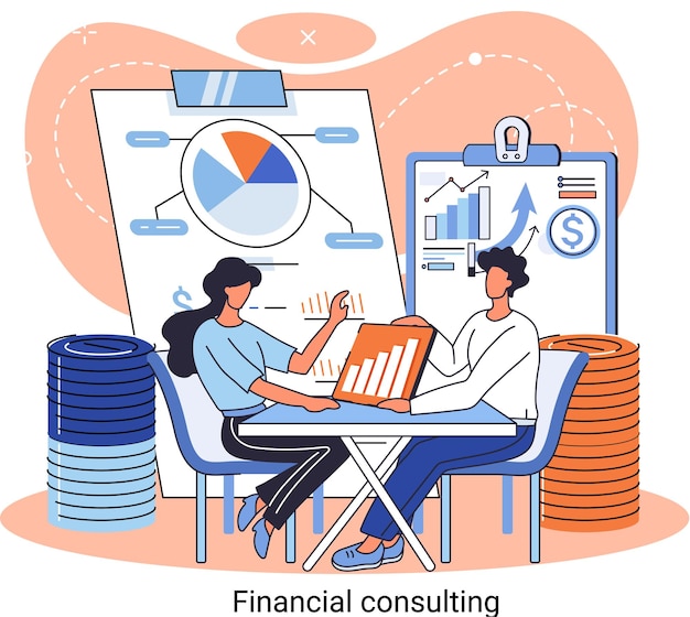 Vector financial consulting concept effective management of funds other assets of company expert advises client research graphs market diagrams charts financial reports accounting organization process