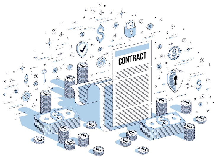 Vector financial contract concept, paper legal document and cash money stacks isolated on white background. vector 3d isometric business illustration with icons, stats charts and design elements.