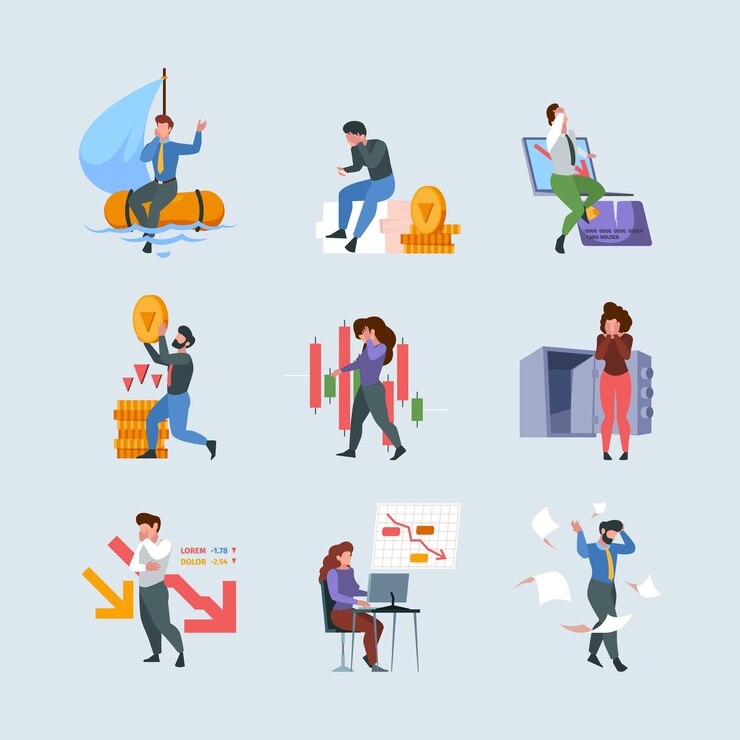 Vector financial crisis business collapse money fail financial problems bankruptcy loss cash garish vector concept illustrations in flat style
