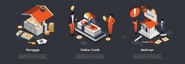 Crisi finanziaria predefinito disoccupazione crediti online prestito ipotecario debiti fallimento sistema finanziario bancario crollo e svalutazione aziendale prestito non pagato set di illustrazioni vettoriali 3d isometrico