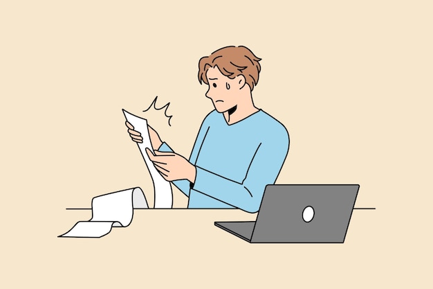 Financial crisis and expenses concept. Young man businessman or worker sitting reading long bill feeling stressed frustrated vector illustration