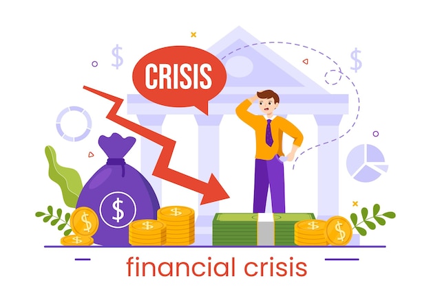 Векторная иллюстрация финансового кризиса с коллапсом экономики и шаблонами снижения затрат