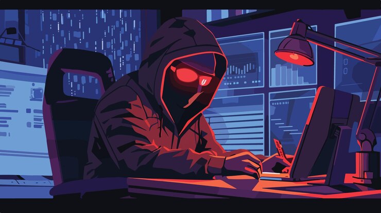 Vector financial cyber crime concept of hacker stealing credit card data