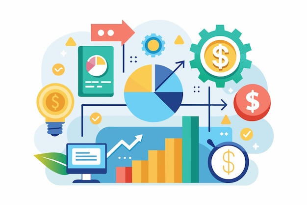 Vector financial diversification chart with clock and dollar sign financial diversification plan composition with income symbols profit accounting simple and minimalist flat vector illustration