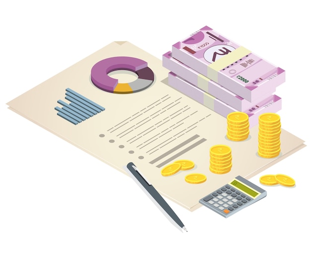 Financial documents with Indian rupee and coins, finance department or tax office.