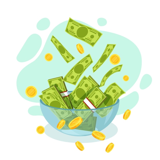 Financial drain losing profit coins falling besides bowl plate with banknotes economic crises or failures leaked finance loss of earnings or savings income recession vector concept