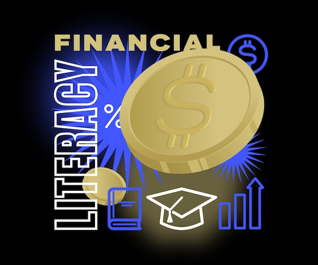 Financial education vector illustration Investment literacy creative concept banner Finance and money knowledge 3D render style coins with outline icons Isolated