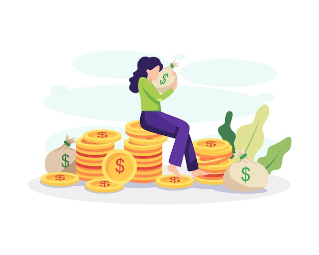 Financial freedom concept illustration. Young woman hugging a bag of money and sitting on a pile of coins. Vector in a flat style