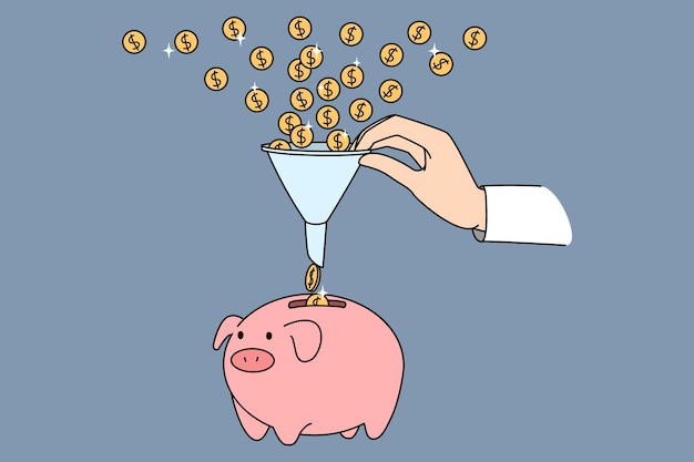 Financial funnel depositing money. Vector concept illustration of dollar coins attracted into business sale and generation profit funnel.