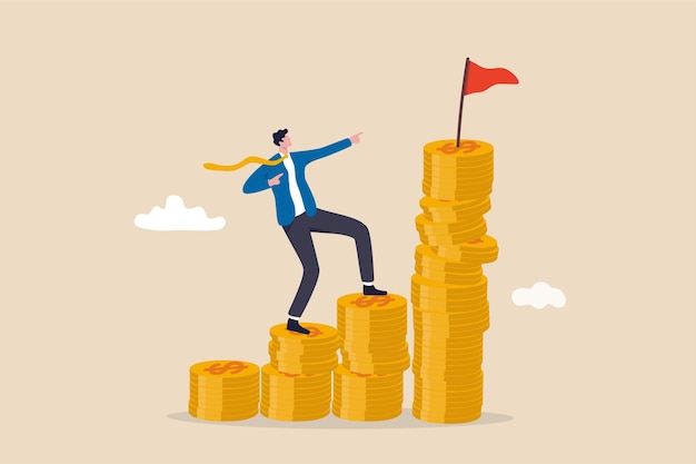 Financial goal, wealth management and investment plan to achieve target, income or salary growth concept, cheerful businessman step climbing money coin stack aiming to achieve target flag on top.