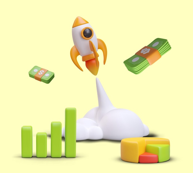 금융 성장 개념 3D 로켓 비행 지폐 및 다른 다이어그램
