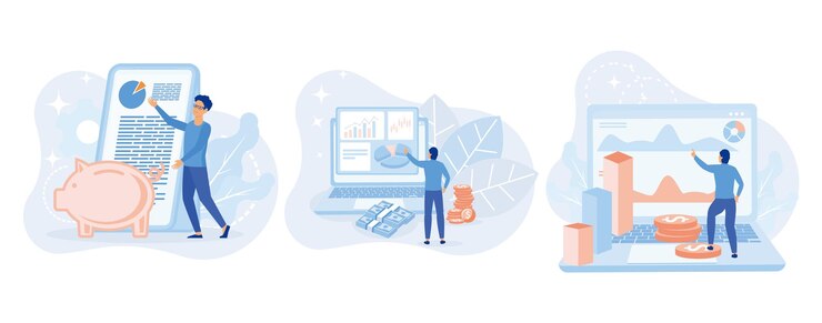 Vector financial illustration set. characters investing money in stock market and saving money.