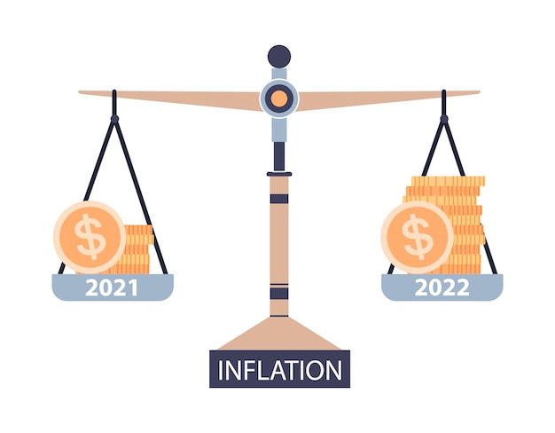 Financial inflation concept. Scales with piles of money, then and now.