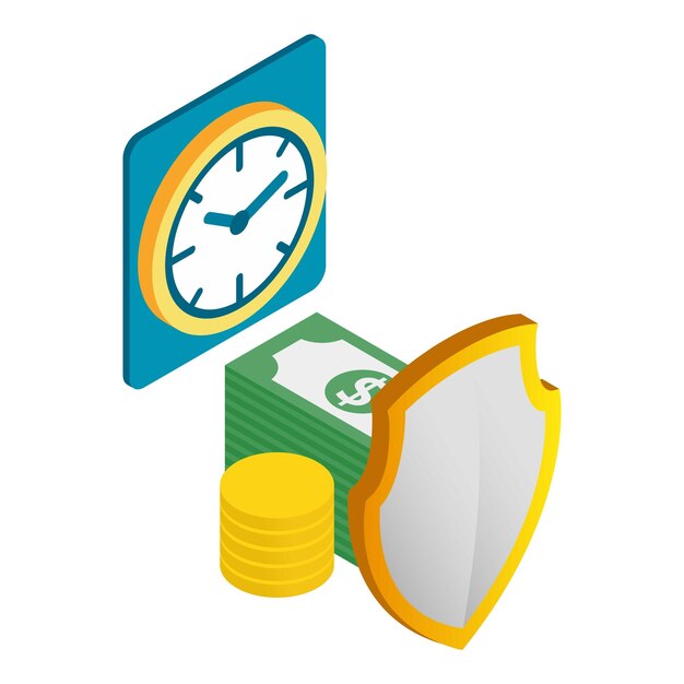 Financial insurance icon isometric vector Clock stack of money behind shield Business insurance protecting money finance concept