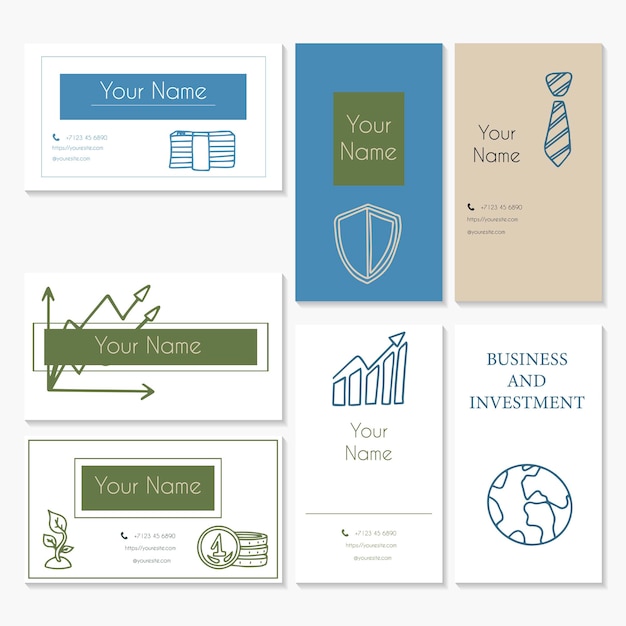 Financial investment business cards. vector flat office icons. cartoon set of images for business. modern set for the bank.