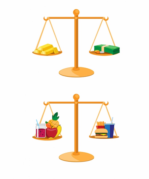 Financial investment and healthy food in balance comparison collection set illustration vector