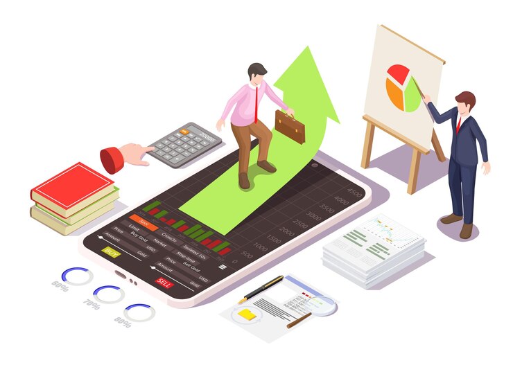 Vector financial investment in stocks classes training stock trading online courses vector isometric illust...