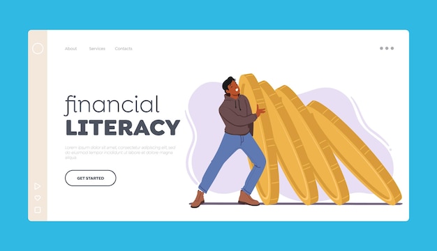 Financial Literacy Landing Page Template Business Male Character Pushing Row Of Oversized Falling Coins