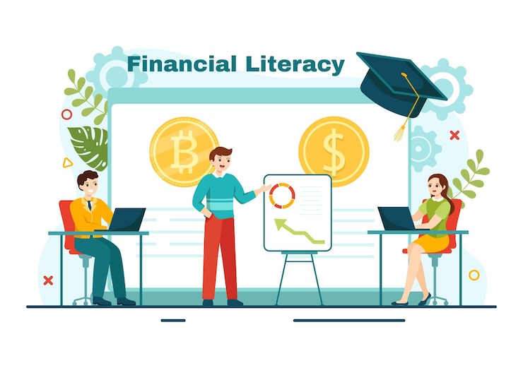 Vector financial literacy webinar vector illustration with finance management and budget in education