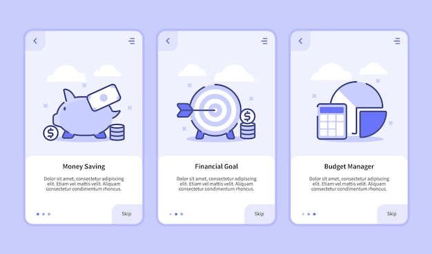 Schermata di onboarding finanziaria moderna interfaccia utente ux modello di interfaccia utente per app mobili smartphone risparmio di denaro gestore budget obiettivo finanziario con stile piatto