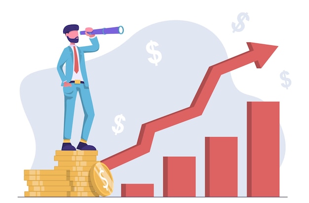 Vector financial perspective businessman looks through the spyglass at the growth chart