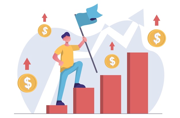 Vector financial perspective a man holds the flag and walks up the growth chart
