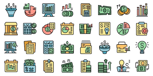 Vector financial planner icons set outline vector money account business budget thin line color flat on white