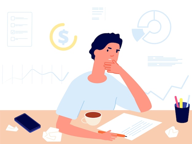 Financial planning. Investments choice, man thinking about money. Accounting, profit calculation vector illustration. Financial choice plan, business finance