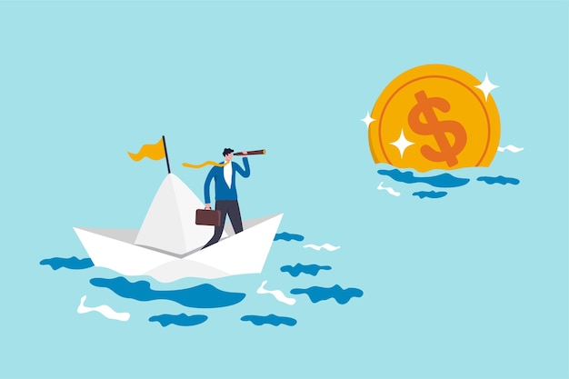 Financial planning target, vision and strategy for financial freedom or retirement saving goal concept, businessman salary man investor riding the boat using telescope to see far golden money coin.