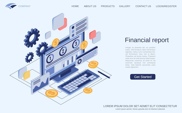 Financial report business statistics market analysis flat 3d isometric vector concept illustration