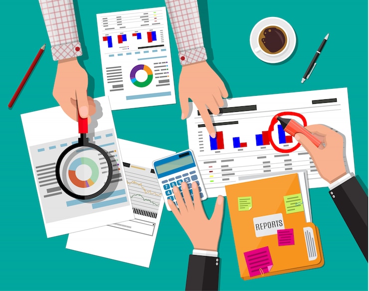 Vector financial report concept. business workspace, top view