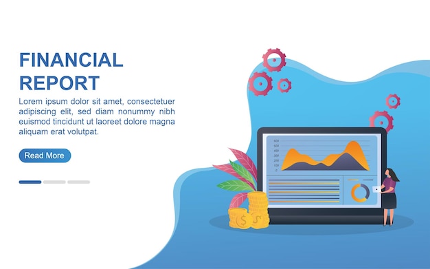 Vector financial report concept with person looking at chart on laptop.