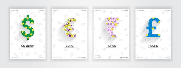 Vector financial report cover with dollar euro rupee and pound sterling currency concepts a4 size