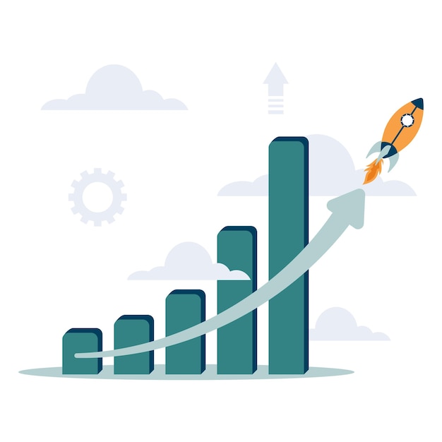 Vector financial report graph with exponential arrow from flying rocket