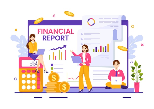 Illustrazione del rapporto finanziario con grafici e diagrammi di dati sull'analisi delle transazioni finanziarie