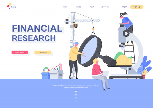 Financial research flat landing page template. analysts carefully studying data with magnifying glass and microscope situation. web page with people characters. consulting service illustration