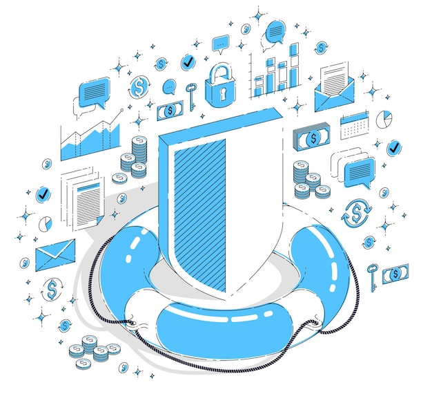 経済的な安全と保護の概念、白い背景で隔離の救命浮き輪と金属製の盾。アイコン、統計チャート、デザイン要素とベクトル3d等角投影ビジネスイラスト。