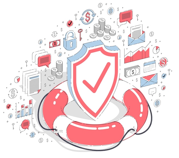 Financial safety and protection concept, Life Buoy and metal Shield isolated on white background. Vector 3d isometric business illustration with icons, stats charts and design elements.