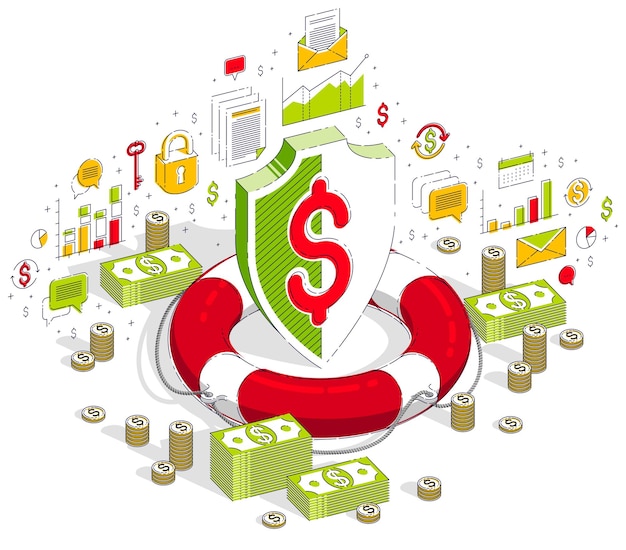 Financial safety and protection concept, Life Buoy and Shield with cash money stack and coins isolated on white. Isometric 3d vector finance illustration with icons, stats charts and design elements.