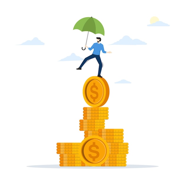 financial stability concept with businessman holding balance umbrella on unstable pile of coins