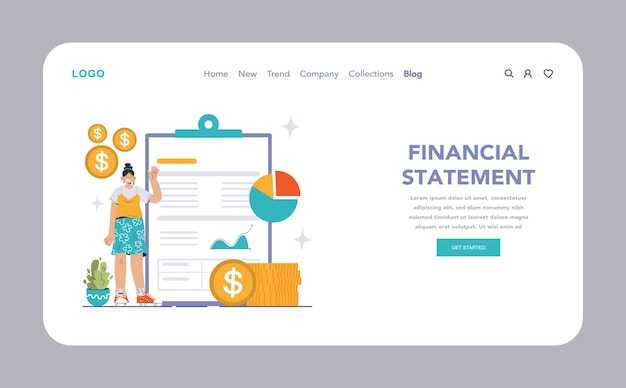 financial statement concept confident woman presents data alongside floating coins a pie chart and a