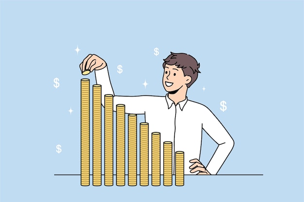 経済的な成功と開発のコンセプト。ポジティブなダイナミクスベクトル図を感じてスタックにコインを上下に置いて立っている若い笑顔の実業家