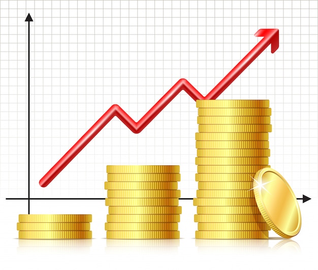 経済的な成功のコンセプト-コインでグラフ。パイルコインの成長と上昇グラフ矢印