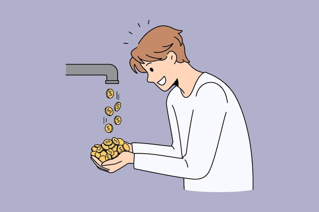 Financial success and profit concept. young smiling businessman standing taking golden coins going from tap feeling positive dynamics vector illustration